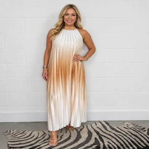 Women Casual Sleeveless Round Neck Ombre Maxi Dress Summer Soft Pleated Gradient Dye Loose Fit Long Sun Dress Elegant Streetwear