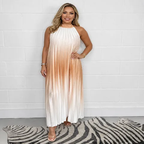 Women Casual Sleeveless Round Neck Ombre Maxi Dress Summer Soft Pleated Gradient Dye Loose Fit Long Sun Dress Elegant Streetwear