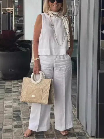 Women's Casual Cotton Linen Sleeveless Top And Wide Leg Pants Two Piece Set Loose Solid Color Summer Outfit With Pockets