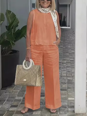 Women's Casual Cotton Linen Sleeveless Top And Wide Leg Pants Two Piece Set Loose Solid Color Summer Outfit With Pockets