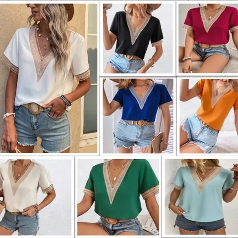 Women V Neck Crochet Lace Trim Short Sleeve T-Shirt Loose Casual Patchwork Commute Summer Top Polyester Solid Color Blouse