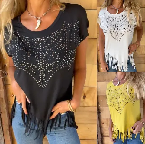 Women Bohemian Fringe Hem T-Shirt Rhinestone Studded Round Neck Short Sleeve Loose Polyester Casual Rock Style Top