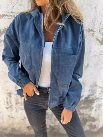 Giacca da Donna Casual in Velluto a Coste con Cappuccio Tinta Unita Manica Lunga Cerniera Capispalla con Tasca Minimalista Streetwear Top