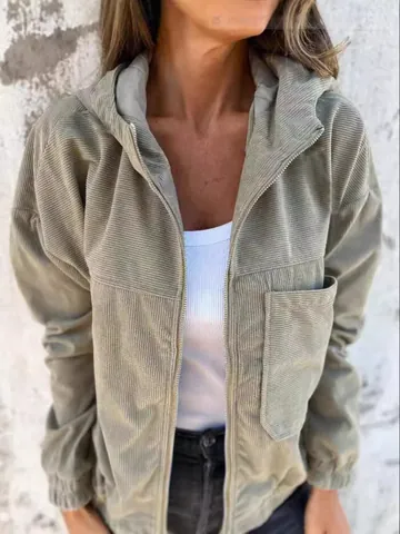 Giacca da Donna Casual in Velluto a Coste con Cappuccio Tinta Unita Manica Lunga Cerniera Capispalla con Tasca Minimalista Streetwear Top