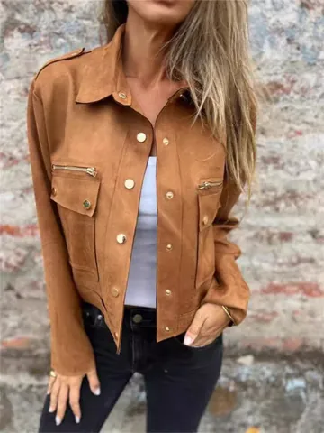 Women Faux Suede Jacket Lapel Long Sleeve Casual Polyester Patchwork Outerwear With Metal Zipper Solid Color Pocket Button Coat