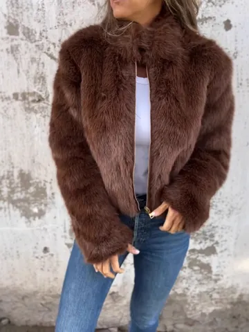 Women Luxurious Faux Fur Jacket High Collar Zipper Closure Loose Fit Thick Warm Autumn Winter Casual Coat Plush Top For Women