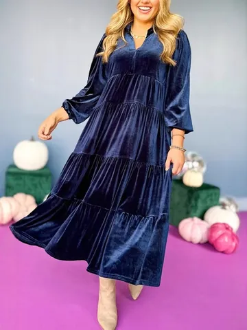 Women's Velvet V-Neck Long Sleeve Tiered Maxi Dress Plus Size Elegant Solid Color Ruffle Hem Autumn Winter Party Dress