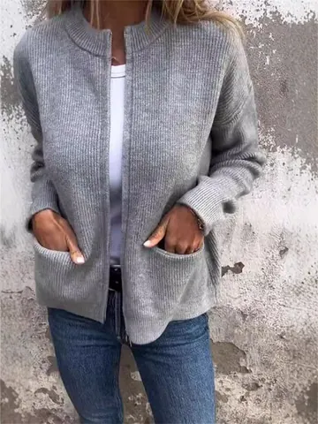 Chaqueta Casual de Cuello Alto para Mujer Abrigo Suelto de Poliéster Patchwork Con Bolsillos Moda Otoño Invierno