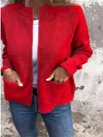 Damen Mode Casual Stehkragen Reißverschluss Grobstrickjacke Lose Einfarbig Langarm Cardigan Oberbekleidung Mit Taschen