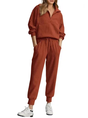 Women Fashion Half-Zip Ribbed Long Sleeve Sweatshirt And Drawstring Pants Top And Bottom Casual Sporty Tracksuit Outfits