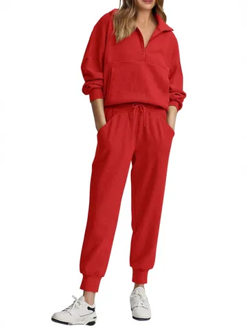 Women Fashion Half-Zip Ribbed Long Sleeve Sweatshirt And Drawstring Pants Top And Bottom Casual Sporty Tracksuit Outfits