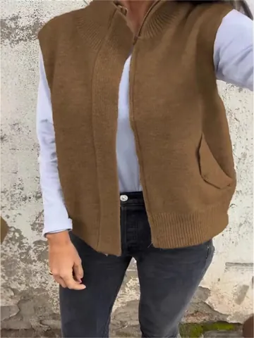 Women Casual Knit Vest Stand Collar Full Zipper Sweater Vest Sleeveless Cardigan Loose Pocket Polyester Knit Top
