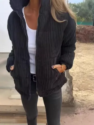 Women Casual Corduroy Jacket Stand Collar Long Sleeve Zipper Solid Color Coat Autumn Winter Fashion Outerwear Warm Loose Fit Top