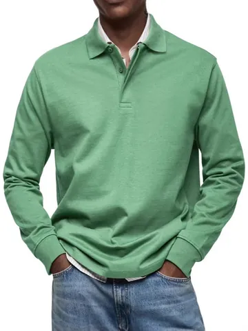 Polo de Manga Larga Casual para Hombre Camisa con Cuello de Solapa de Negocios Color Sólido Mezcla de Algodón Top Ajuste Regular