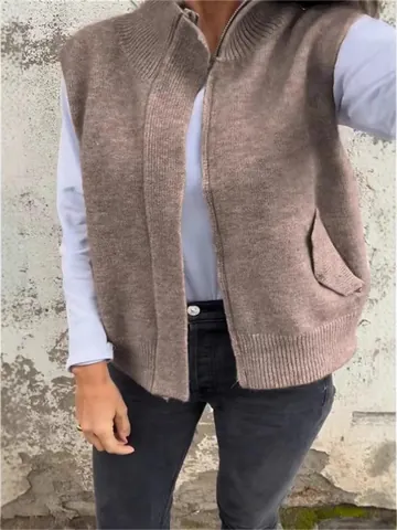 Women Casual Knit Vest Stand Collar Full Zipper Sweater Vest Sleeveless Cardigan Loose Pocket Polyester Knit Top