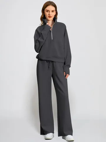 Women Solid Color Half Zipper Sweatshirt And Wide Leg Pants Top And Bottom Casual Sports Pullover Trousers Loungewear Jogger Set