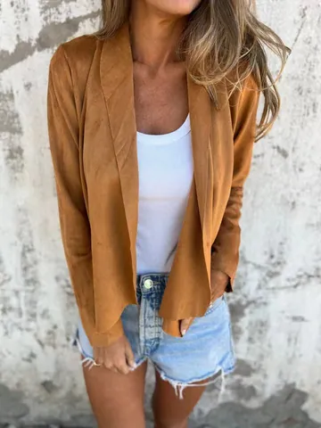 Women Faux Suede Open Front Cardigan Casual Solid Color Long Sleeve Lightweight Outwear Lapel Top Jacket For Spring Autumn