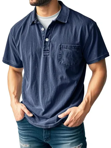 Men's Casual Short Sleeve Polo Shirt Vintage Washed Polyester Acetate Fabric Button Lapel Top With Pocket Business Commuter Style Summer Shirt