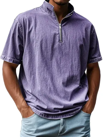 Men Retro Faux Denim Print T-Shirt Stand Collar Quarter Zipper Slim Fit Short Sleeve Polyester Breathable Casual Top