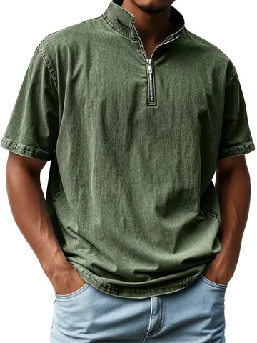 Men Retro Faux Denim Print T-Shirt Stand Collar Quarter Zipper Slim Fit Short Sleeve Polyester Breathable Casual Top
