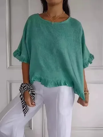 Camiseta de Poliéster Casual para Mujer Cuello Redondo Volantes Top de Manga Corta Vintage Color Sólido Blusa de Verano Holgada