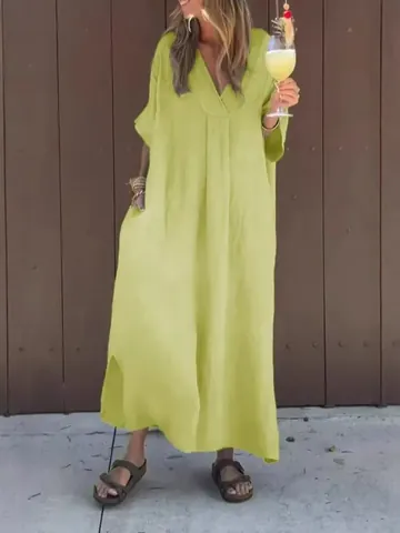 Women's Casual V-Neck Short Sleeve Maxi Dress Polyester Spandex Solid Color Split Hem Loose Dress For Daily Vacation