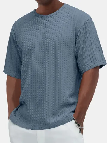 Maglietta da Uomo Casual a Girocollo a Maniche Corte Moda Tinta Unita in Poliestere con Texture Top Streetwear Maschile