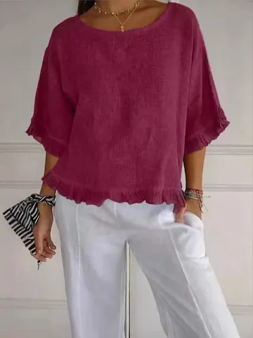 Camiseta de Poliéster Casual para Mujer Cuello Redondo Volantes Top de Manga Corta Vintage Color Sólido Blusa de Verano Holgada