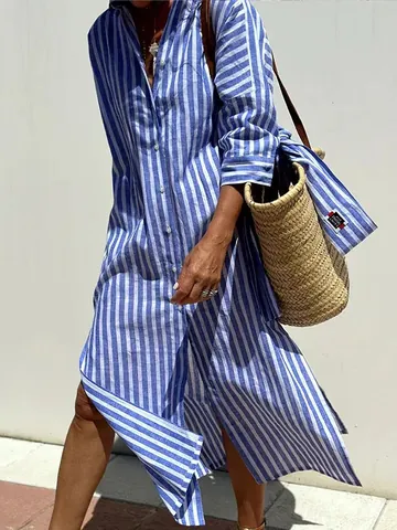 Robe Chemise Élégante à Rayures pour Femmes Revers Simple Boutonnage Demi-manche Robe Midi Trapèze Décontractée Coupe Ample Vacances