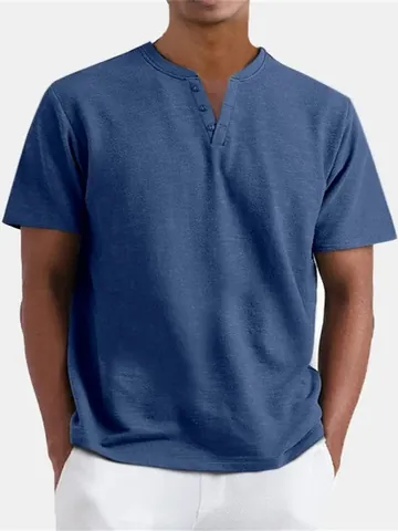 Men Summer Henley Shirt V-Neck Short Sleeve Button Casual Breathable Polyester Top Fashion Slim Fit Solid Color Shirt