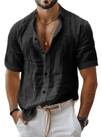 Men's Casual Short Sleeve Linen Shirt Lapel Button Down Solid Color Summer Breathable Top Fashion Basic Cotton Linen Blouse