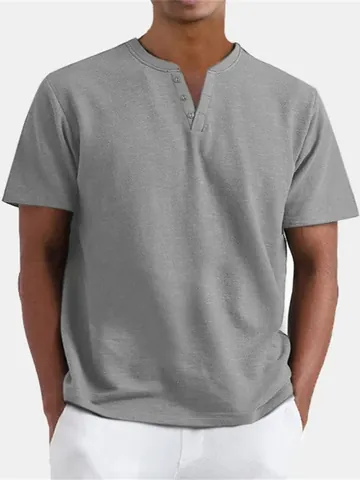 Men Summer Henley Shirt V-Neck Short Sleeve Button Casual Breathable Polyester Top Fashion Slim Fit Solid Color Shirt