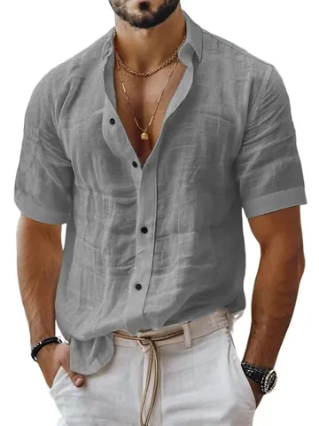Men's Casual Short Sleeve Linen Shirt Lapel Button Down Solid Color Summer Breathable Top Fashion Basic Cotton Linen Blouse