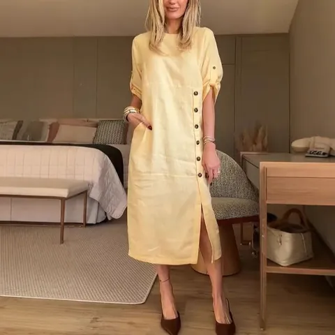 Women's Casual Short Sleeve Polyester Dress Solid Color Round Neck Loose Slit Midi Dress Summer Vacation Fashion Gown