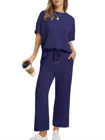 Dames Zomer Casual Korte Mouw Ronde Hals Top En Wijde Pijpen Driekwart Broek Outfit Effen Kleur Comfortabele Loungewear