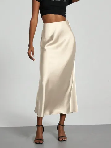 Damen Eleganter Satin Hoch taillierter Rock Glänzender Seidiger Midi A-Linien-Rock Für Büro Party Pendeln Elegante Hosen