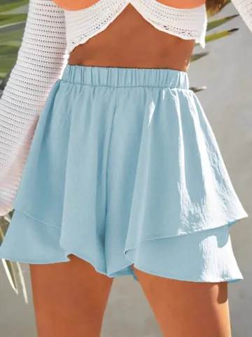 Women Summer Layered Ruffle Skort Casual High Elastic Waist Loose Skirt Shorts Solid Color Beach Vacation Fashion Bottom