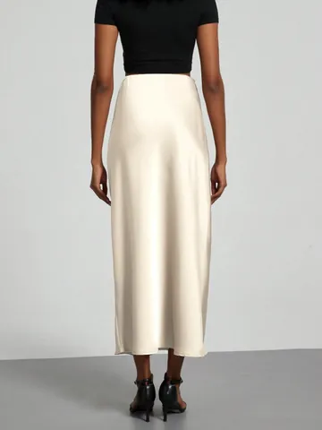 Women High Waist Satin Maxi Skirt Elegant Glossy Straight Midi Skirt Casual Solid Color Commuting Fashion Skirt Bottom