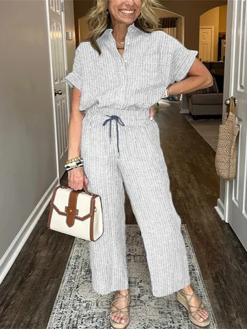 Completo a Righe da Donna Top e Pantaloni Camicia a Maniche Corte con Bavero Pantaloni a Gamba Larga in Poliestere