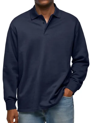 Polo Casual de Manga Larga para Hombre con Botones en la Solapa Mezcla de Poliéster Color Sólido Básico Moda Urbana