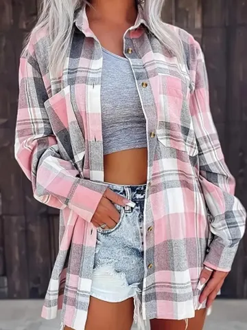 Dames Plaid Overhemdjack Halflang Knopen Casual Losjes Lange Mouwen Top Herfst Elegant Outwear