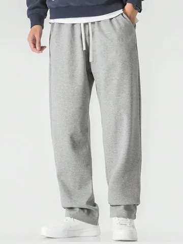 Men's Sporty Casual Loose Wide Leg Floor-Length Sweatpants Solid Color Drawstring Waist Polyester Trousers For Daily Wear