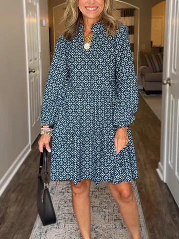 Women's V Neck 3/4 Sleeve Diamond Print Tiered Midi Dress Elegant Geometric Pattern Layered Hem Casual Loose Fitting Tunic Dress