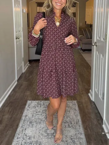 Women's V Neck 3/4 Sleeve Diamond Print Tiered Midi Dress Elegant Geometric Pattern Layered Hem Casual Loose Fitting Tunic Dress