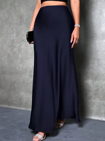 Elegant High Waist Satin Maxi Skirt for Women Solid Color A-Line Flowy Long Skirt for Office Party Evening Polyester Bottom