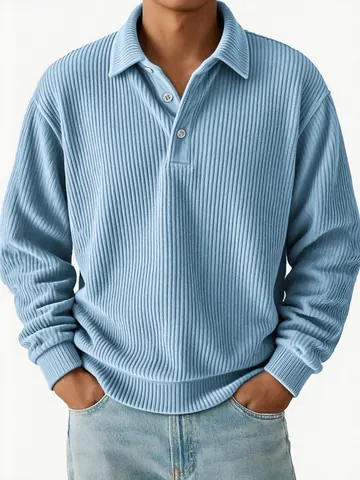 Men Vintage Casual Corduroy Striped Long Sleeve Polo Shirt Turn-down Collar Patchwork Top For Autumn American Workwear