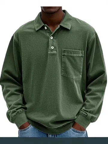 Polo à Manches Longues pour Hommes Vintage Lavé Couleur Unie Col à Boutons Poche Poitrine Polo Décontracté Large en Polyester