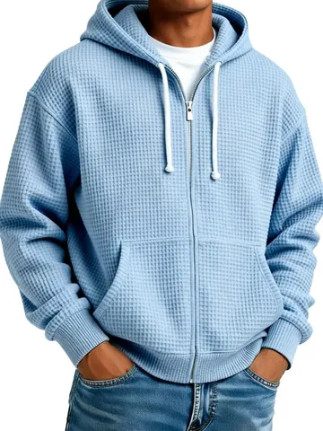 Felpa da Uomo Casual in Maglia a Nido d'Ape con Cappuccio e Zip Integrale Tinta Unita Tasca a Marsupio Manica Lunga Loose Top