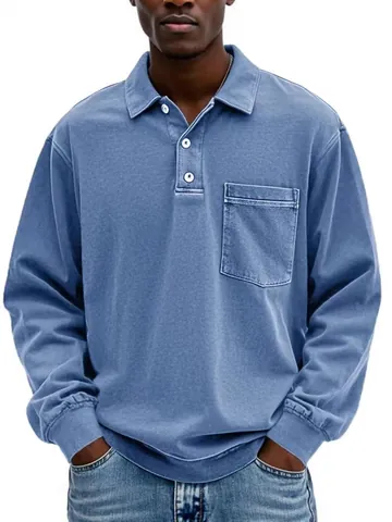 Polo à Manches Longues pour Hommes Vintage Lavé Couleur Unie Col à Boutons Poche Poitrine Polo Décontracté Large en Polyester