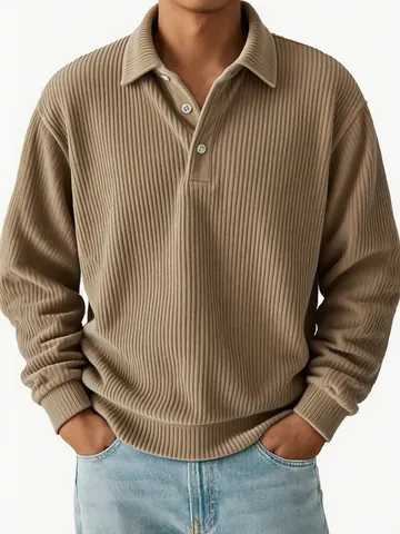 Men Vintage Casual Corduroy Striped Long Sleeve Polo Shirt Turn-down Collar Patchwork Top For Autumn American Workwear
